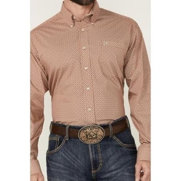 Cinch Men's XL Long Sleeve Geo Print Button Western Shirt Orange/Cream - Picture 1 of 5